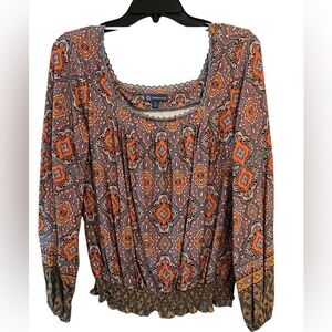 NWT Democracy Orange and Blue Patterned Blouse! SZ Small